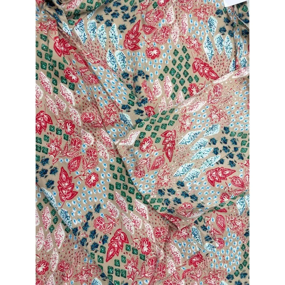 LOFT WOMEN Garden Cinched Sleeve Ruffle Tie Neck Mixed Media Top M